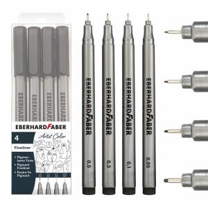 Pigment Fineliner schwarz  4er Etui, lichtechte und wasserfeste Tinte,, Linienbreiten 0,05, 0,1, 0,3 und 0,5 mm,, EBERHARD FABER