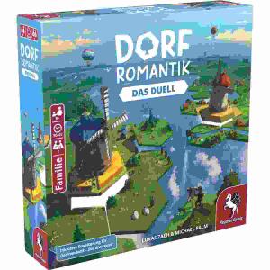 Brettspiel Dorfromantik  Das Duell, 157 sechseckige Landschaftsplättchen, 61 Auftragsmarker,, 36 Kameraplättchen, 2 Ablagetafeln, 18 Karten,, 6 Herzen aus Holz, 3 Plättchen Fotograf, 3 Standfüße,, 1 Wertungsblock, inklusive Anleitung, ab 8 Jahren,, Pegasu