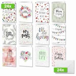 SIGEL DS704 Geburtstags-Karten-Set - Happy Birthday - rot/grün/blau - A6 - 24 Karten + Umschläge - inkl. weiße Umschläge