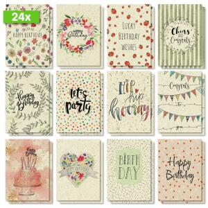 SIGEL DS702 Geburtstags-Postkarten-Set - Happy Grassy Birthday - rot/grün/blau - A6 - 24 Karten
