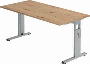 Schreibtisch OS16, 1600 x 800 x 650-850 mm, C-Fuß, höhenverstellbar, Asteiche/silber