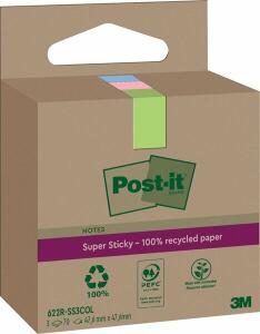 Recycling Notes Post-it Super Sticky, 47,6 x47,6 mm, 1 Pack = 3 Blöcke, farbig sortiert