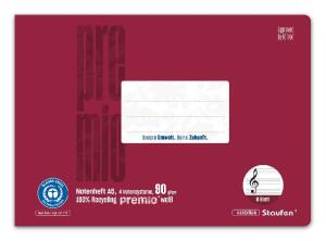 Staufen Premio Notenheft A5 quer LinN 8 Bl 90g/qm bordeaux 4 Notensysteme
