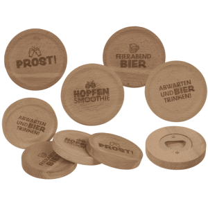 OOTB Holz-Untersetzer mit Spuch und Flaschenöffner