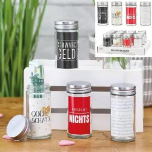 Geldgeschenkglas mit Sprüchen Glas/Eisen 5x10cm 4fach sortiert