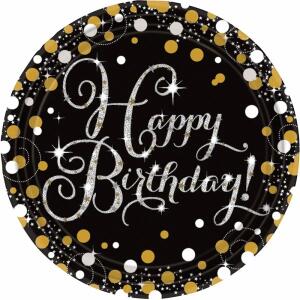 amscan Pappteller Happy Birthday Sparkling schwarz/silber/gold Ø23cm 8 Stück