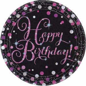 amscan Pappteller Happy Birthday Sparkling schwarz/pink Ø23cm 8 Stück