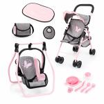 Puppenbuggy mit Zubehör grau/pink für Puppen...