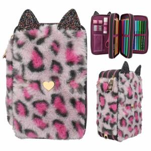 Depesche TOPModel Federtasche Leo Fell REBEL KITTY 3-Fach gefüllt lila schwarz rosa 7,5x13x20cm