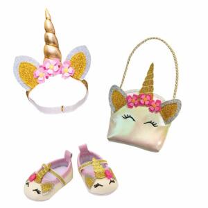 Puppen-Accessoires Glitzer-Einhorn Ballerinas, Tasche und Haarband 30-34cm