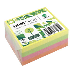 Haftnotiz-Würfel, 75 x 75 mm, Brillant Mix gelb, pink, grün, 400 Blatt, Pergaminverpackung, FSC®-zertifiziert