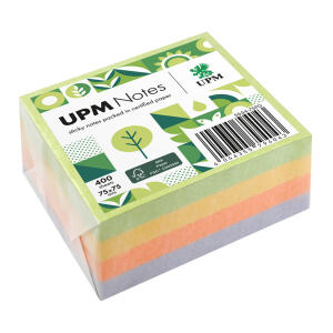 Haftnotiz-Würfel, 75 x 75 mm, Spring Mix grün, gelb, orange, violett, 400 Blatt, Pergaminverpackung, FSC®-zertifiziert