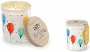 Duftkerze im Glas mit Holzdeckel Motiv Happy Birthday