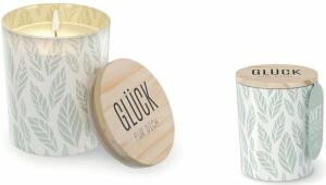 Duftkerze im Glas mit Holzdeckel Motiv Blatt