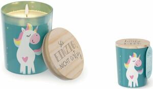 Duftkerze im Glas mit Holzdeckel Motiv Einhorn
