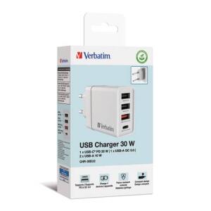 VERBATIM 49701 CHR-30EU2 GaN 30Watt Ladegerät Steckdose 3x USB-A/1x USB-C