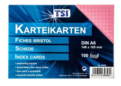 TSI Karteikarten A6 kariert 100er Pg. farbig sortiert