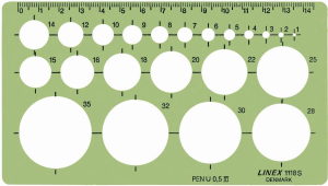 LINEX 1118S Kreisschablone, 22 Kreise von 1-35 mm, Tuschenoppen, für Tuschefüller bis 0,5mm, mm-Skala an einer Seite, 160 x 90 mm
