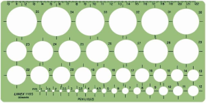 LINEX 1116S Kreisschablone, 39 Kreise von 1-35 mm, Tuschenoppen, für Tuschefüller bis 0,5mm, mm-Skala an einer Seite, 240 x 120 mm