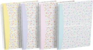 Oxford GO Floral Spiralbuch B5, liniert 7 mm, Softcover mit Soft Touch Finish, weiße Doppelspirale, 60 Blatt, Optik Paper, SCRIBZEE-kompatibel, 4 Designs sortiert