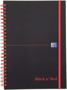 OXFORD "Office Black n Red" Spiralbuch A5 liniert, 70 Blatt, mit flexiblem PP-Deckel mit Gummizug, roter Doppelspirale, seidenglattes, hochweißes Optik Paper, schwarz/rot, 5er-Packung