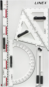 LINEX Magnetischer Tafelsatz 6teilig, Zeichengeräte aus Kunststoff für den Unterricht an der Tafel (Lineal 100 cm dm-Skala, Zeigestock 100 cm, Magnetischer Zirkel 45 cm, Dreieck 45° 50 cm, Dreieck 60° 50 cm,  Winkelmesser 180° 50 cm), mit Magnetwand zum A