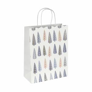 SIGEL GT123 Geschenktasche SIGEL groß - weiß/blau/gold - Tannenbäume - mit Bodeneinlage und farblich abgestimmten Papierkordelgriffen - Weißkarton, Weißpapier - 26 x 33 x 12 cm