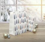 SIGEL GT123 Geschenktasche SIGEL groß - weiß/blau/gold - Tannenbäume - mit Bodeneinlage und farblich abgestimmten Papierkordelgriffen - Weißkarton, Weißpapier - 26 x 33 x 12 cm