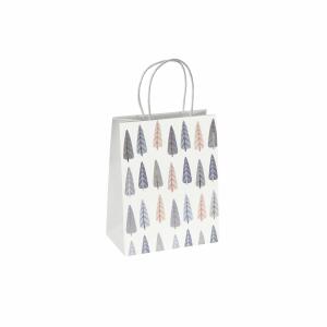 SIGEL GT122 Geschenktasche SIGEL klein - weiß/blau/gold - Tannenbäume - mit Bodeneinlage und farblich abgestimmten Papierkordelgriffen - Weißkarton, Weißpapier - 18 x 23 x 10 cm