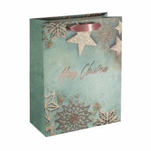 SIGEL GT113 Geschenktasche SIGEL groß - blau/kupfer - Weihnachtssterne - mit Bodeneinlage und farblich abgestimmten Seidenbandgriffen - Kunststoff, Weißkarton - 26 x 33 x 12 cm
