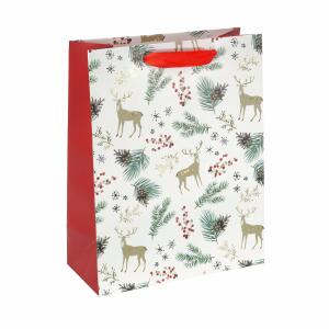 SIGEL GT121 Geschenktasche SIGEL groß - weiß/gold/rot - Tannenzweige - mit Bodeneinlage und farblich abgestimmten Seidenbandgriffen - Kunststoff, Weißkarton - 26 x 33 x 12 cm