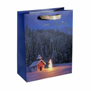 SIGEL GT115 Geschenktasche SIGEL groß - blau - Winterlandschaft - mit Bodeneinlage und farblich abgestimmten Seidenbandgriffen - Kunststoff, Weißkarton - 26 x 33 x 12 cm
