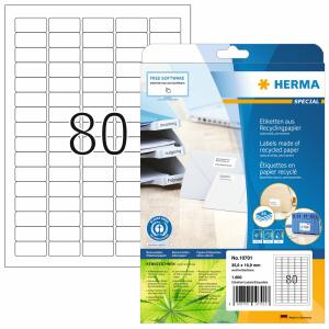Herma Etiketten permanent haftend 35,6 x 16,9 mm Recycling-Papier naturweiss 20 Bl 1600 Etik. LaserInkCopy