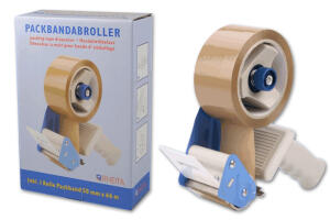 Rheita Abroller für Packbänder inklusiv 1 Rolle Packband braun 50 mm x 66 Meter, Metall