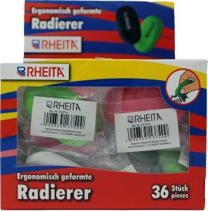 Rheita ergonomische Radierer, PVC-frei, farblich sortiert, Displaybox