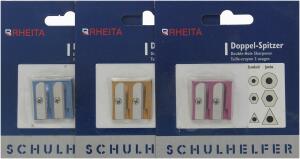 Rheita Doppeldosenspitzer, farblich sortiert, Metallklinge, 1 Stück auf Blisterkarte