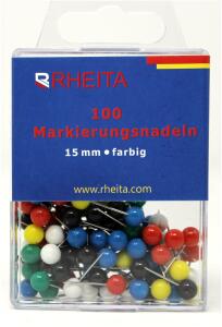 Rheita Markierungsnadeln 15 mm, farblich sortiert, 100 Stück in Klarsichtbox mit Eurolochung