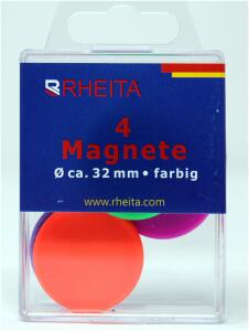 Rheita Magnete 32 mm rund, farblich sortiert, Tragfähigkeit 600 g, 4 Stück in Klarsichtbox