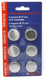 Rheita Magnete-Edelstahl 27 mm rund mit Kratzschutz, silber, 6 Stück auf Blisterkarte
