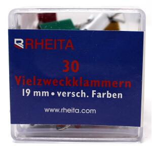 Rheita Foldback-Klammern 19 mm, farblich sortiert, 30 Stück in Klarsichtbox