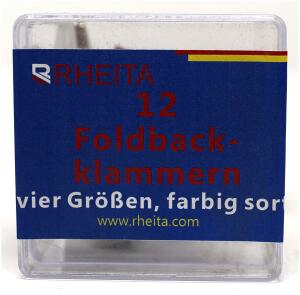 Rheita Foldback-Klammern diverse Größen und farblich sortiert, 12 Stück in Klarsichtbox