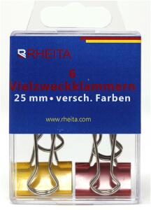 Rheita Foldback-Klammern 25 mm, 6 Stück farbig sortiert, in Klarsichtbox mit Eurolochung