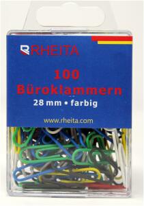 Rheita Briefklammern 28 mm, farblich sortiert, 100 Stück in Klarsichtbox