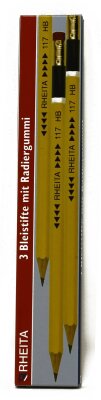 Rheita Bleistifte mit Radierer, gelblackiert, HB, hexagonal, 3 Stück in Pappschachtel