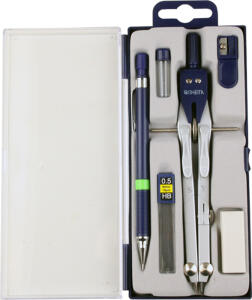 Rheita Schnellverstellzirkelset 6-tlg bestehend aus Zirkel, blau/silber, Ersatzmine, Spitzer, Radierer, Druckbleistift, 12 Minen 0.5 HB