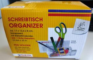 Rheita Schreibtischorganizer mit Klebefilmabroller, transparent, inkl. 1 Rolle Klebefilm 19 mm x 33 m
