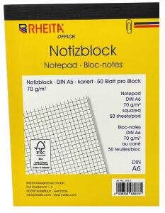 Rheita 4er Pack Notizblöcke A6 kariert, FSC zertifiziertes Papier, perforiert für perfektes Abreißen, 50 Blatt pro Block, 70g/m²