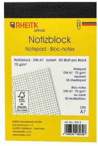 Rheita 4er Pack Notizblöcke A7 kariert, FSC zertifiziertes Papier, perforiert für perfektes Abreißen, 50 Blatt pro Block, 70g/m²