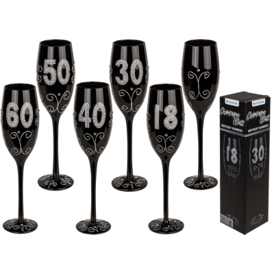 Schwarzes Sektglas mit silberfarbener  Glitterbeschriftung, ca. 24 cm (6 x 18, 4 x 30, 4 x 40, 6 x 50, 4 x 60) im Geschenkkarton