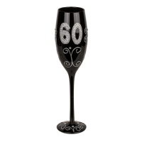 Schwarzes Sektglas mit silberfarbener  Glitterbeschriftung, ca. 24 cm (6 x 18, 4 x 30, 4 x 40, 6 x 50, 4 x 60) im Geschenkkarton